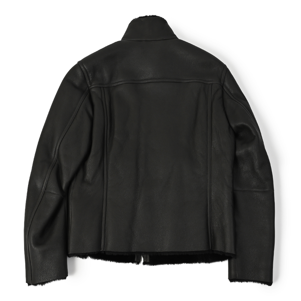 ムートンレザースタンドカラーダブルジップブルゾン チャコールグレー