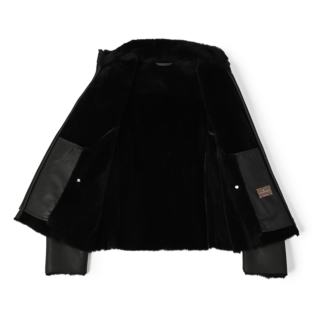 ムートンレザースタンドカラーダブルジップブルゾン チャコールグレー