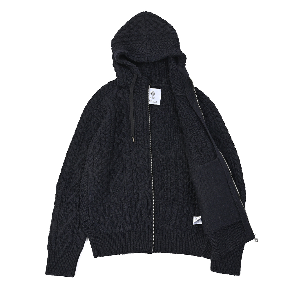 Complex cable knit Hooded Zip up ミッドナイトネイビー Traditional
