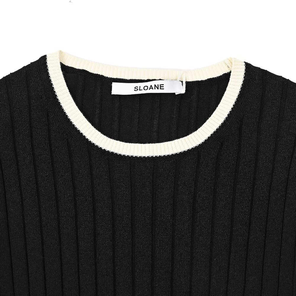 バイカラー5分袖クルーネックニット ブラック×ホワイト